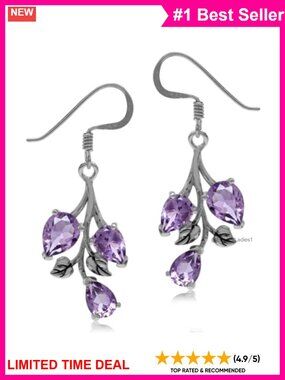 Pear Shape Amethyst Sterling Silver Leaf Leverback Dangle Drop Earrings